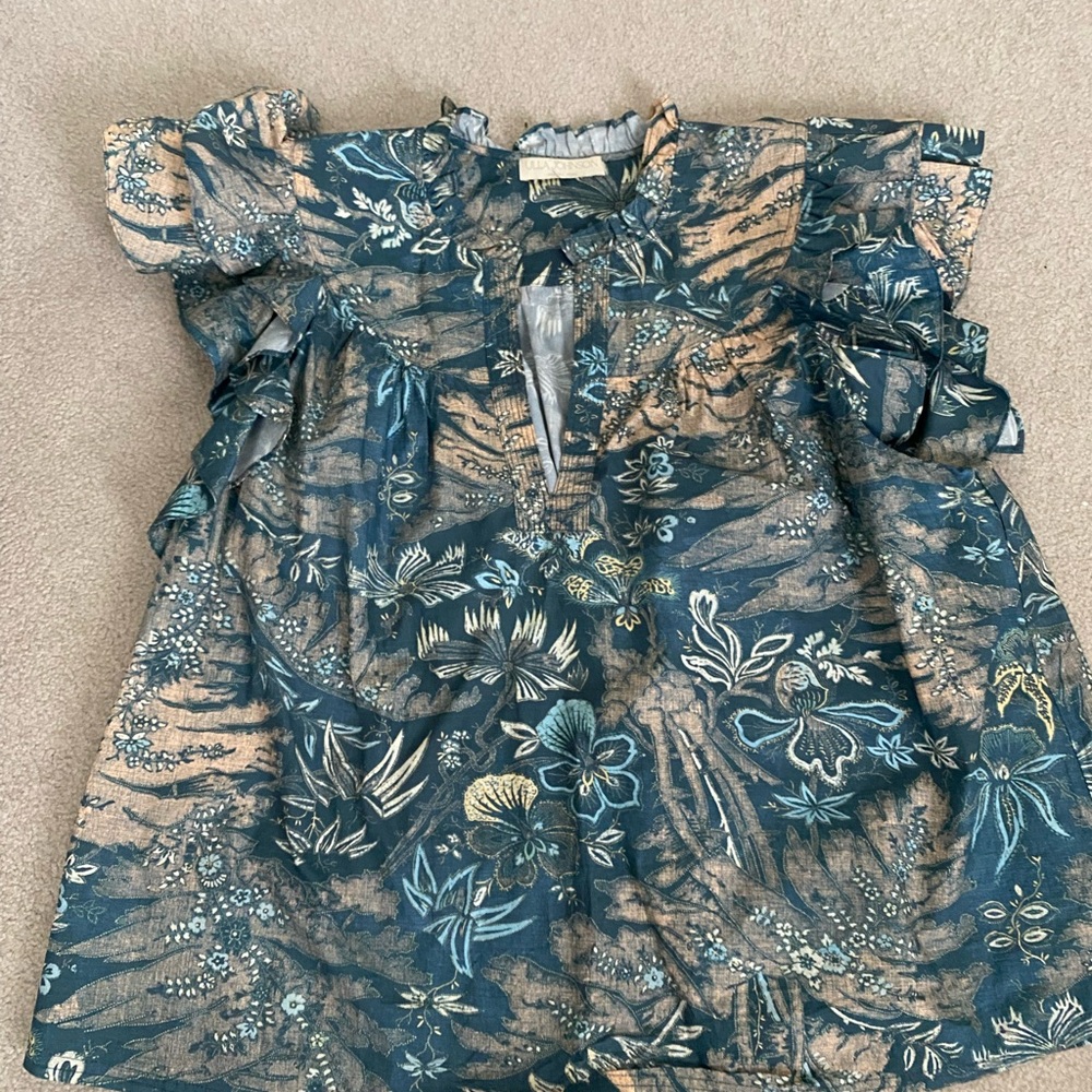 Ulla Johnson Ruffle Sleeveless Top in Blue and Tan - Size 12